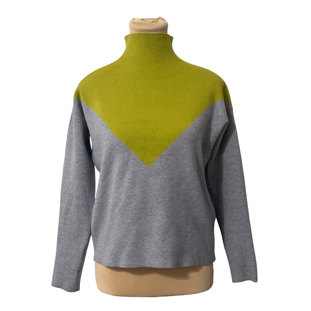 Cynthia Rowley Mock Neck Sweater XS Gray Lime Green Mod Casual Preppy Minimalist